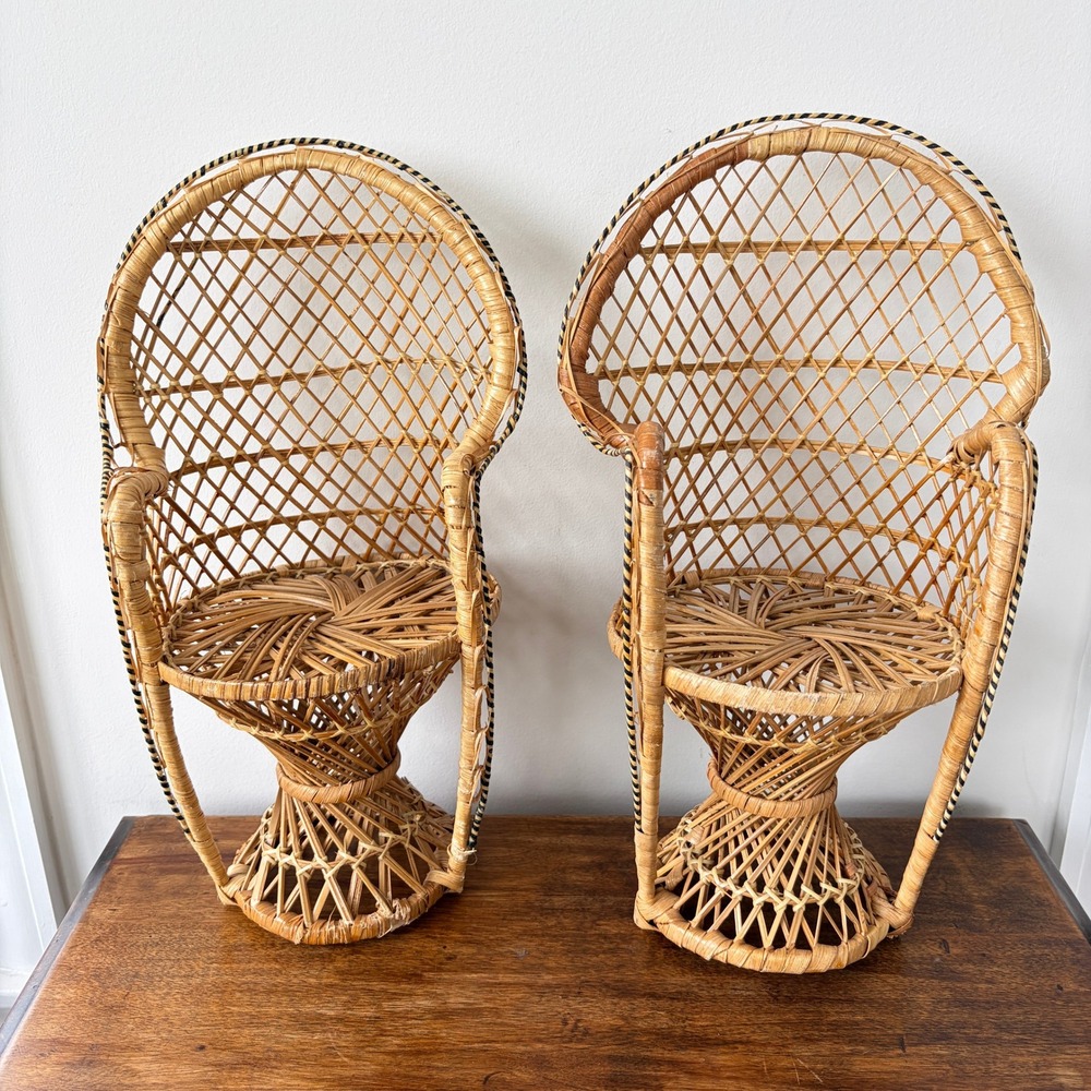 Vintage Miniature Wicker Peacock Chairs Set of 2 Rattan Boho Doll Plant Stand